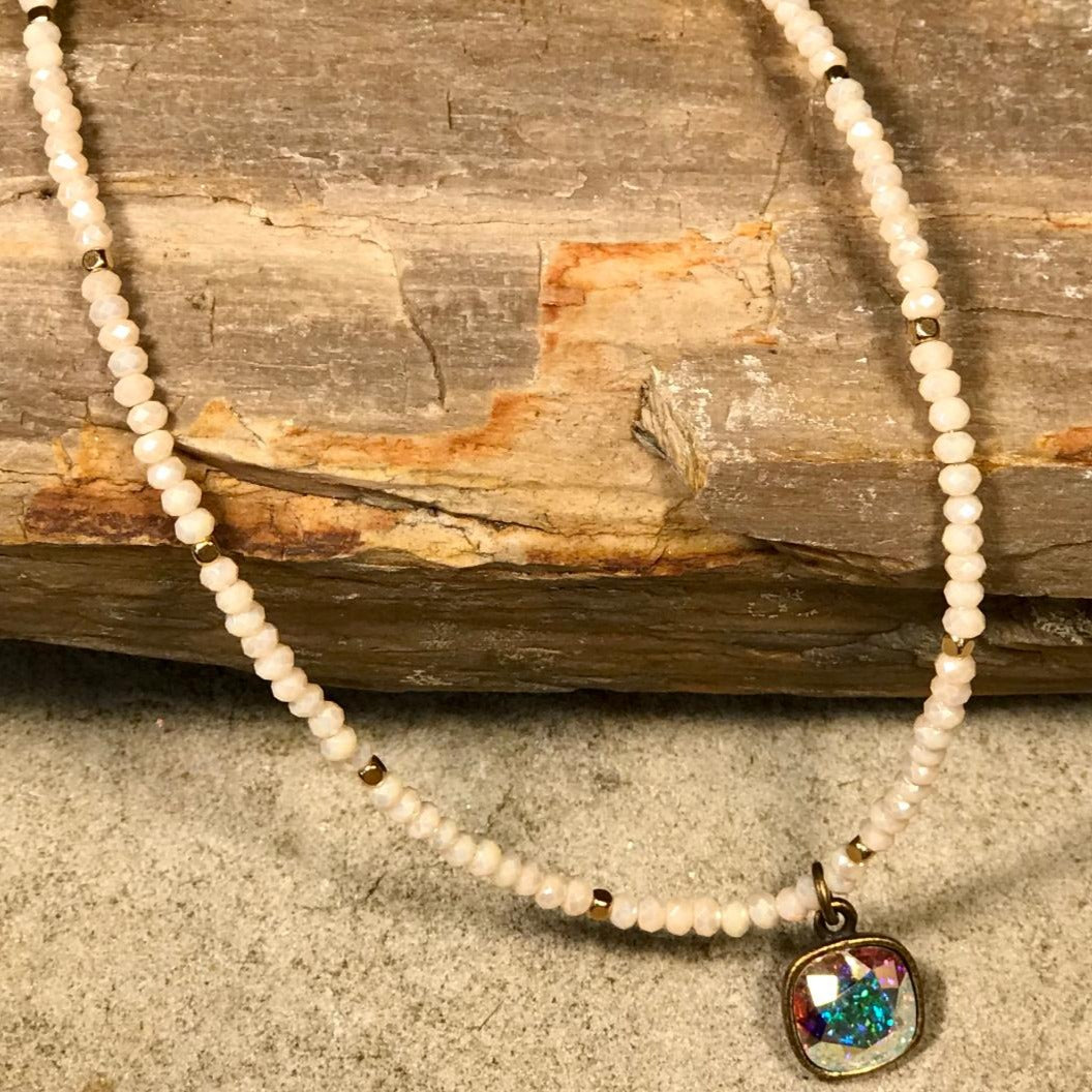 Ivory & Gold Bead Choker with Cushion Cut Drop