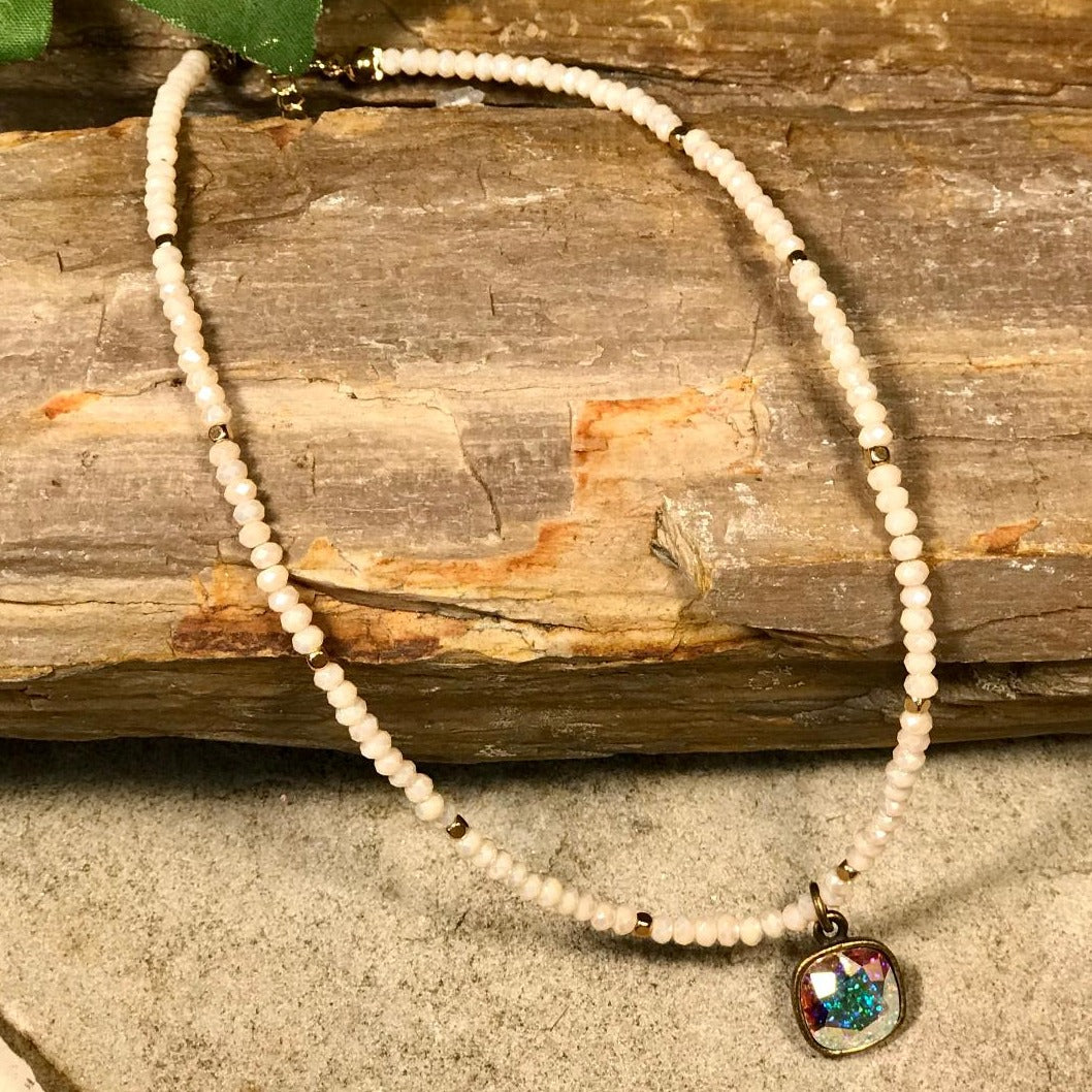 Ivory & Gold Bead Choker with Cushion Cut Drop