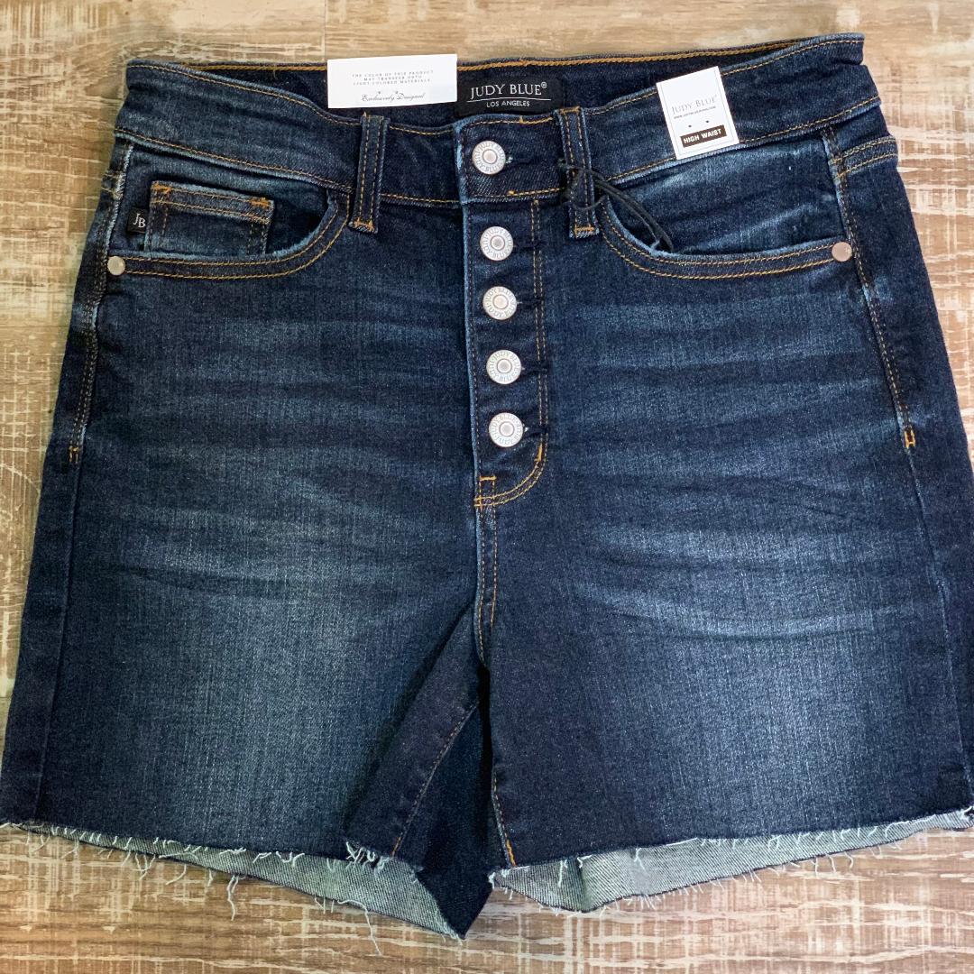 Super Dark Wash Button Fly Cut off Shorts