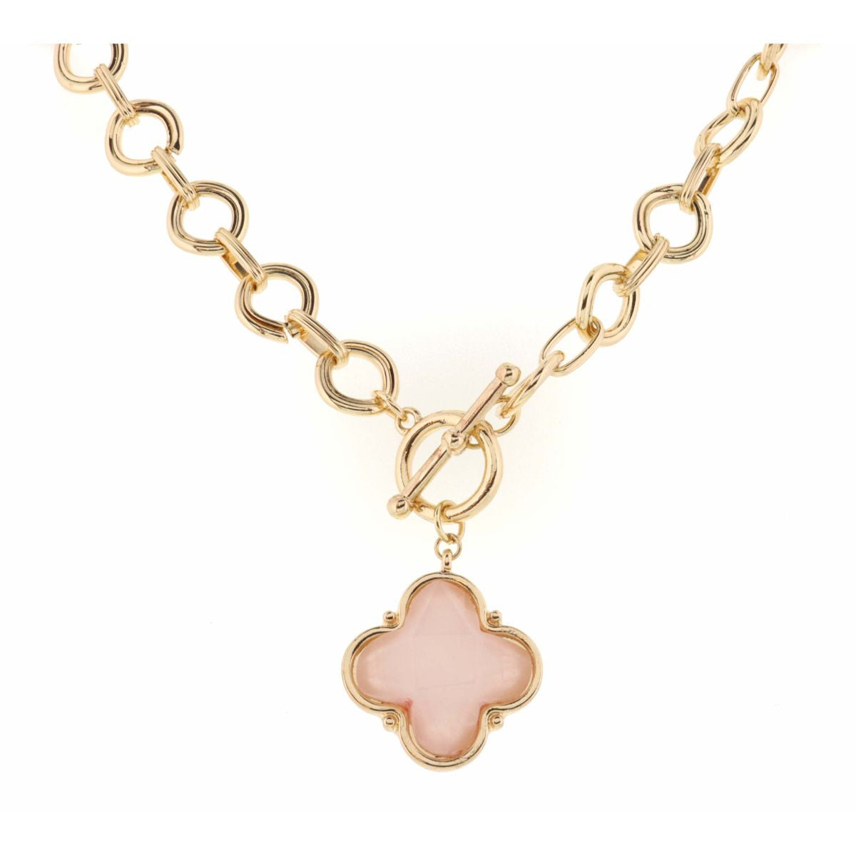 Gold Chain Encased Rose Quartz Clover Necklace