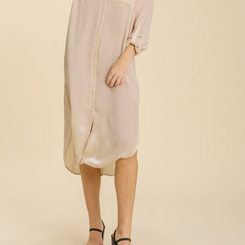 Satin Button Down Midi Dress Adjustable Sleeve Button with High Slit