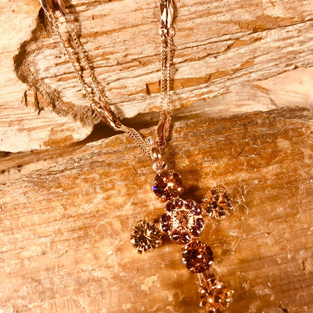 Multi Shades of Champagne Stone Cross Necklace