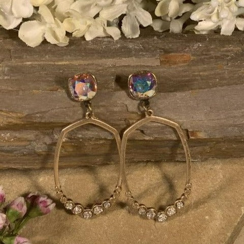 Gold Oblong Dangle Earrings with Iridescent Crystal