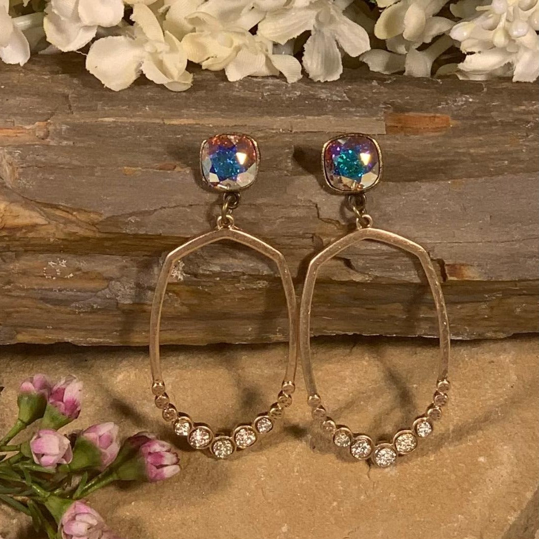 Gold Oblong Dangle Earrings with Iridescent Crystal