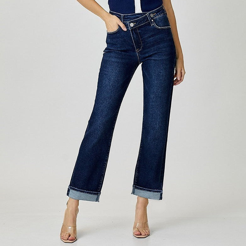 High Rise Cross Over Straight Leg Jeans