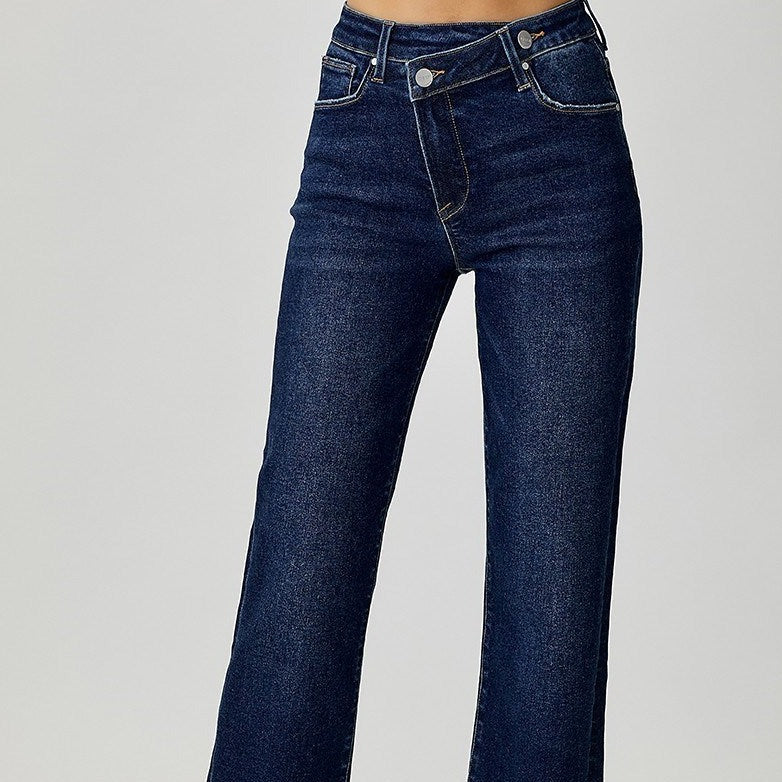 High Rise Cross Over Straight Leg Jeans