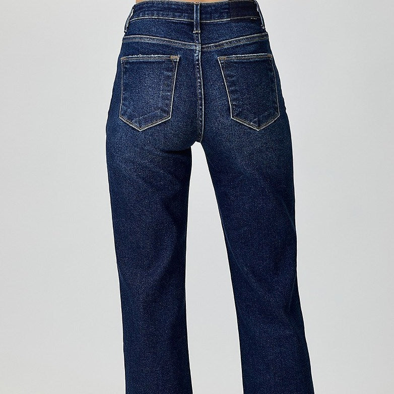 High Rise Cross Over Straight Leg Jeans