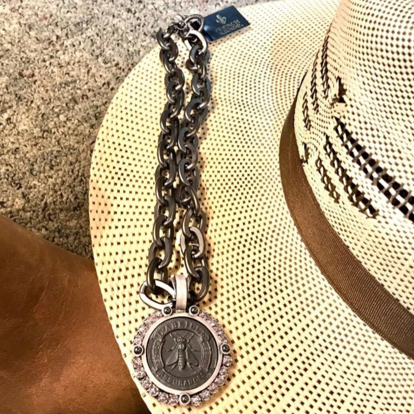 Rhodium Lourdes Chain Brillante Bezel Hematite Cabs and Rhodium Abeille Medallion Necklace