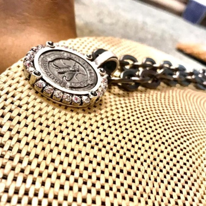 Rhodium Lourdes Chain Brillante Bezel Hematite Cabs and Rhodium Abeille Medallion Necklace
