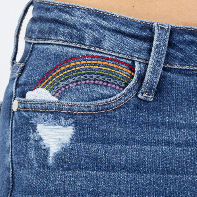 Hi-Rise Rainbow Embroidery Cropped Straight Leg Jeans