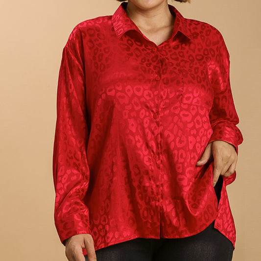 Red Animal Jacquard Print Button Up Plus Top