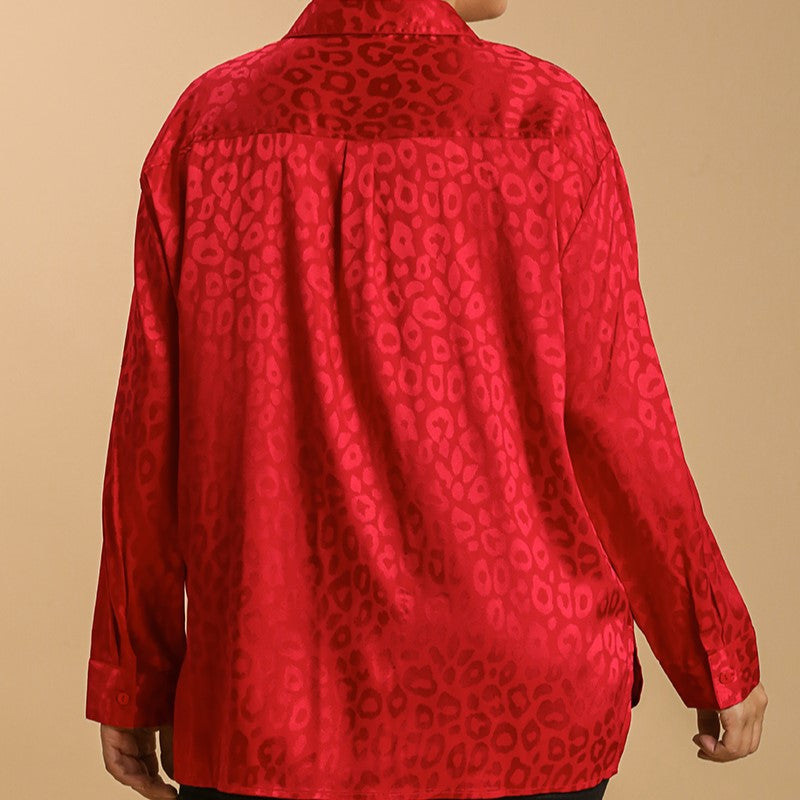 Red Animal Jacquard Print Button Up Plus Top