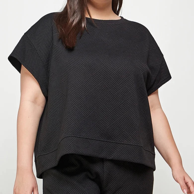 Textured Black Short Sleeve Sweatshirt Lounge Wear (Plus Size)