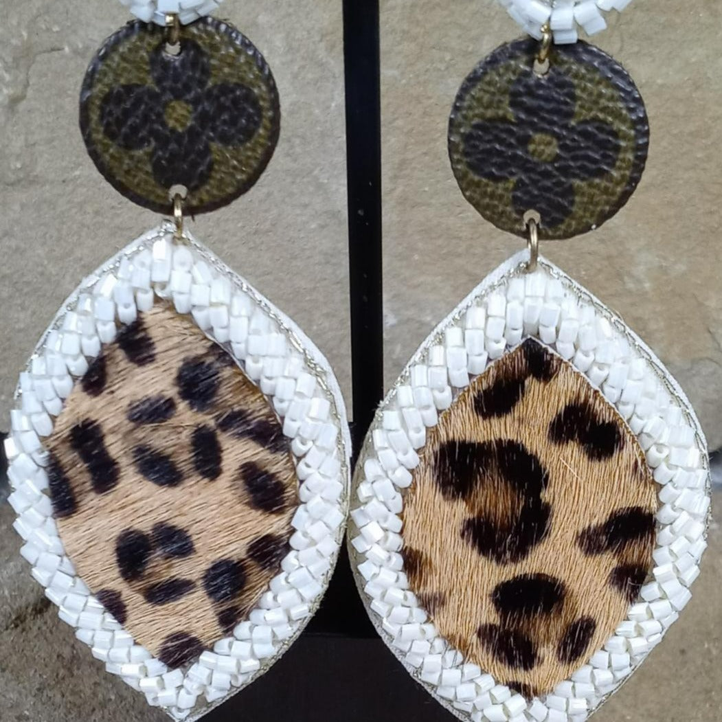 White Beaded “Up LV” Leopard Teardrop Earrings