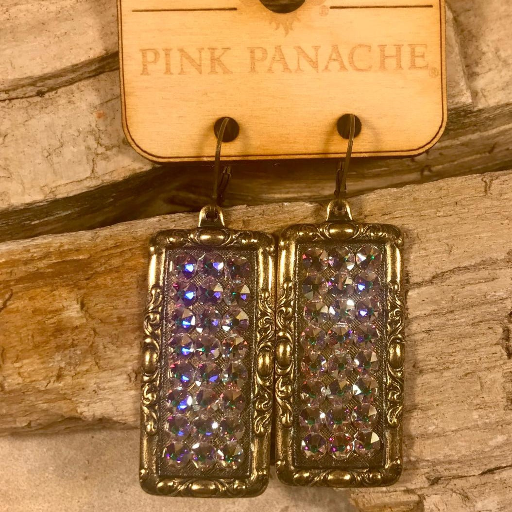 Rectangle Bronze & AB Crystal Earrings