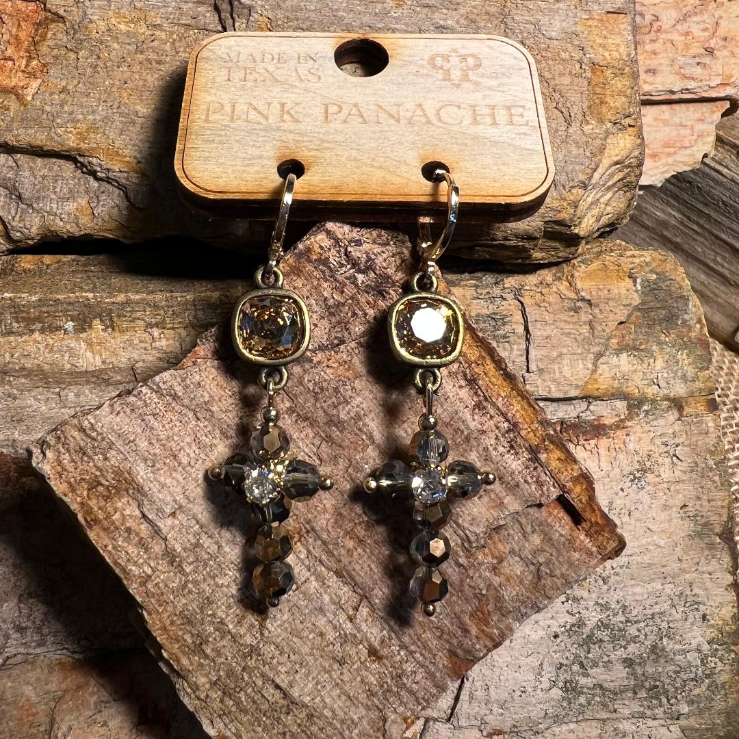 Sparkly Light and Dark Champagne Drop Cross Earrings