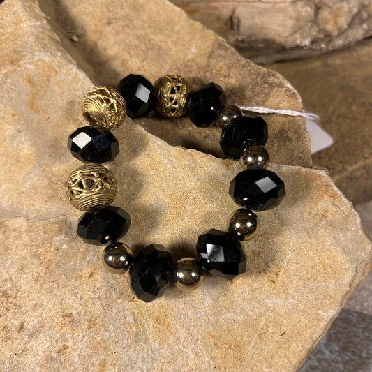 Black, Vintage Filigree and Gold Bead Stretch Bracelet