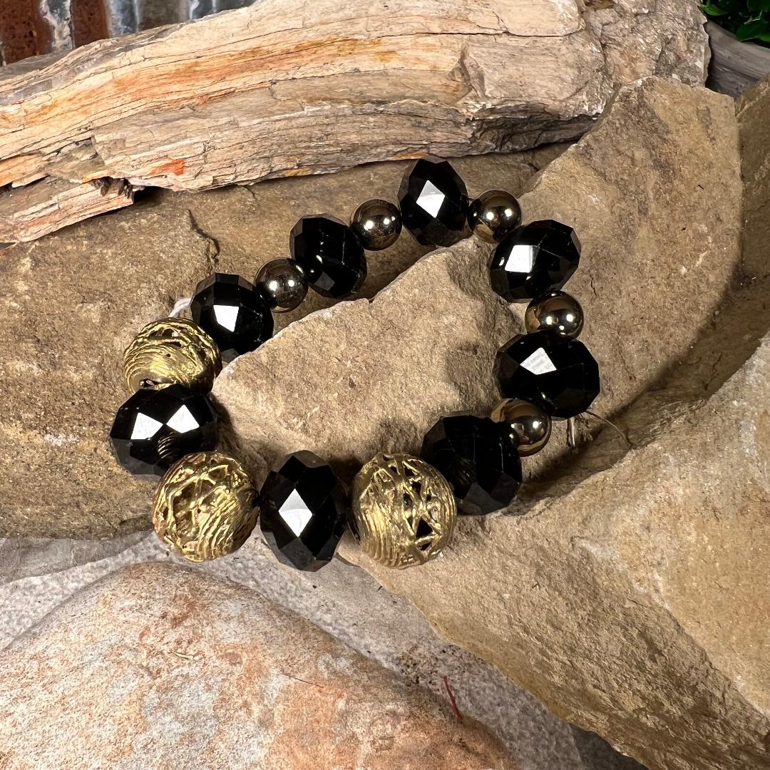 Black, Vintage Filigree and Gold Bead Stretch Bracelet