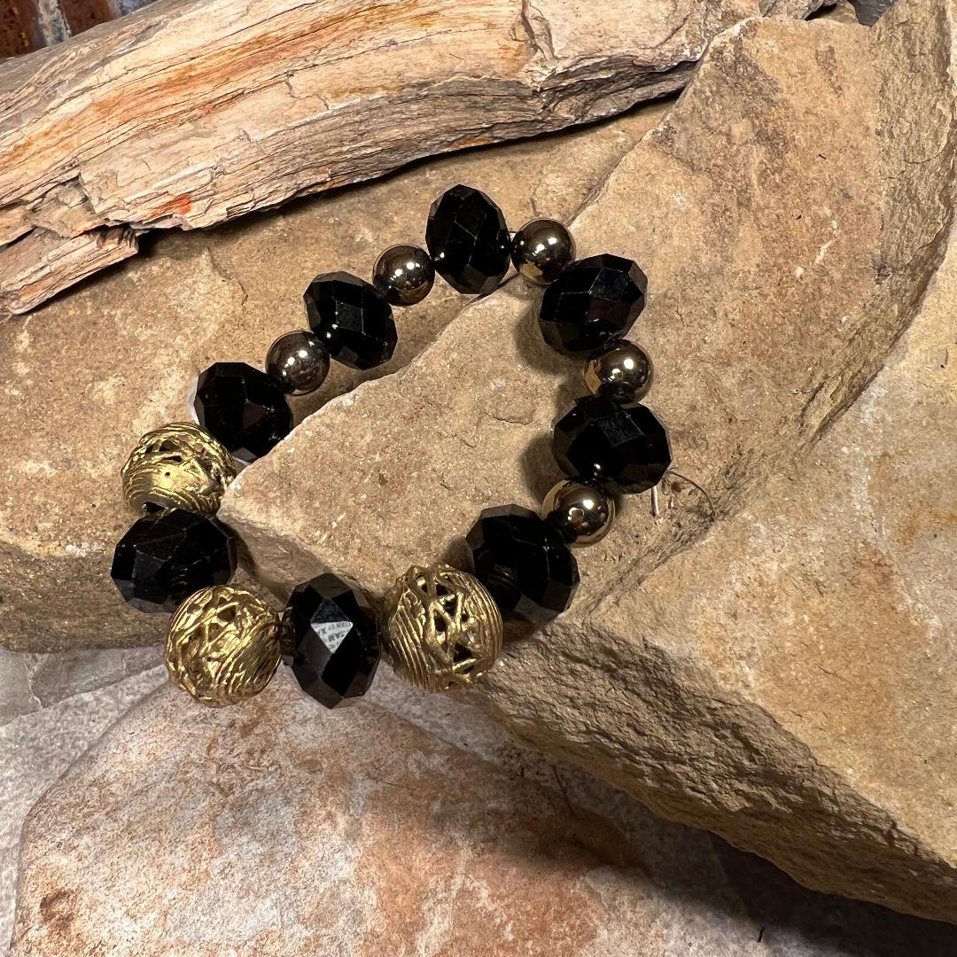Black, Vintage Filigree and Gold Bead Stretch Bracelet