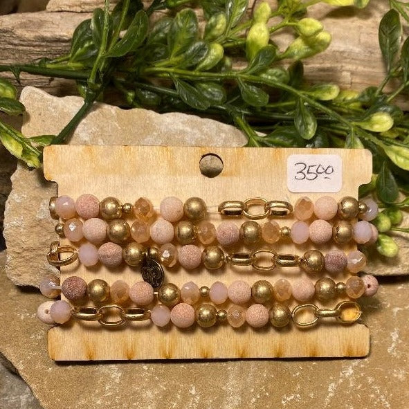 Pink Opal Bead & Gold Stack Bracelet