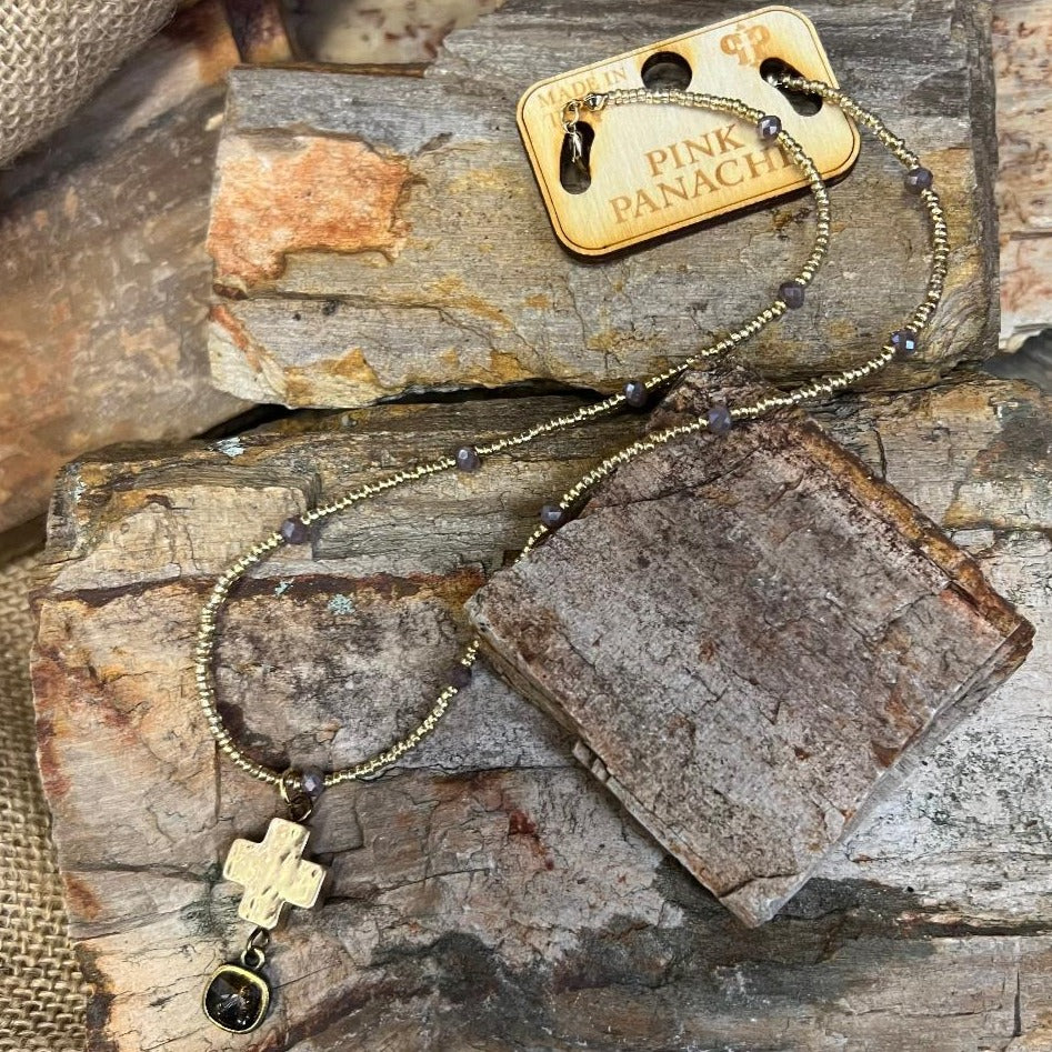 Neutral Bead Gold and Bronze Cross Necklace