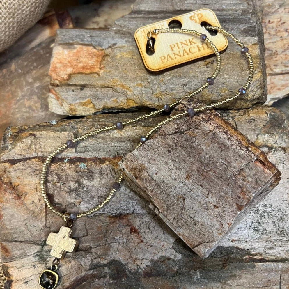 Neutral Bead Gold and Bronze Cross Necklace