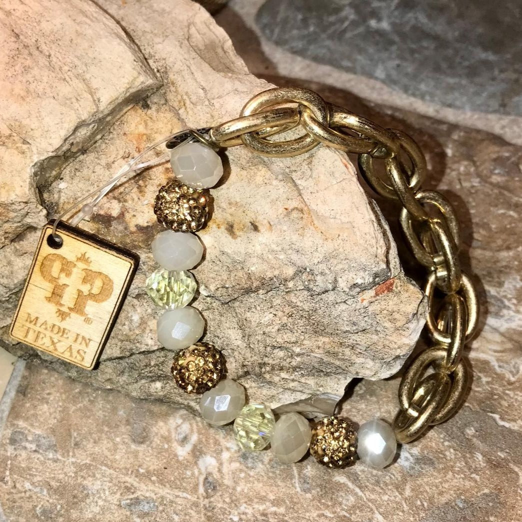 Gold, Clear & White Bead with Gold Chain Stretch Bracelet