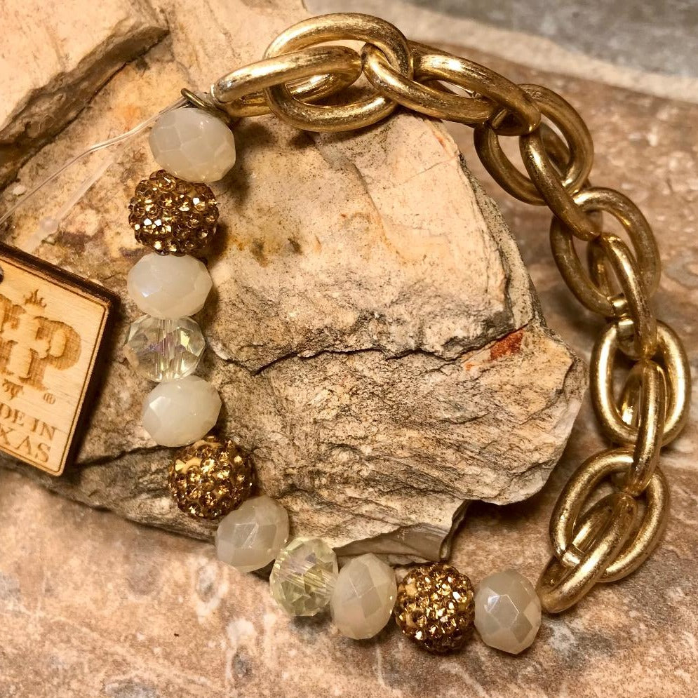 Gold, Clear & White Bead with Gold Chain Stretch Bracelet