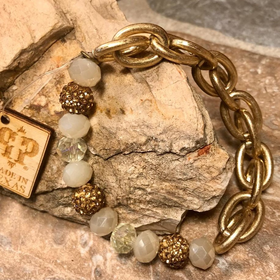 Gold, Clear & White Bead with Gold Chain Stretch Bracelet