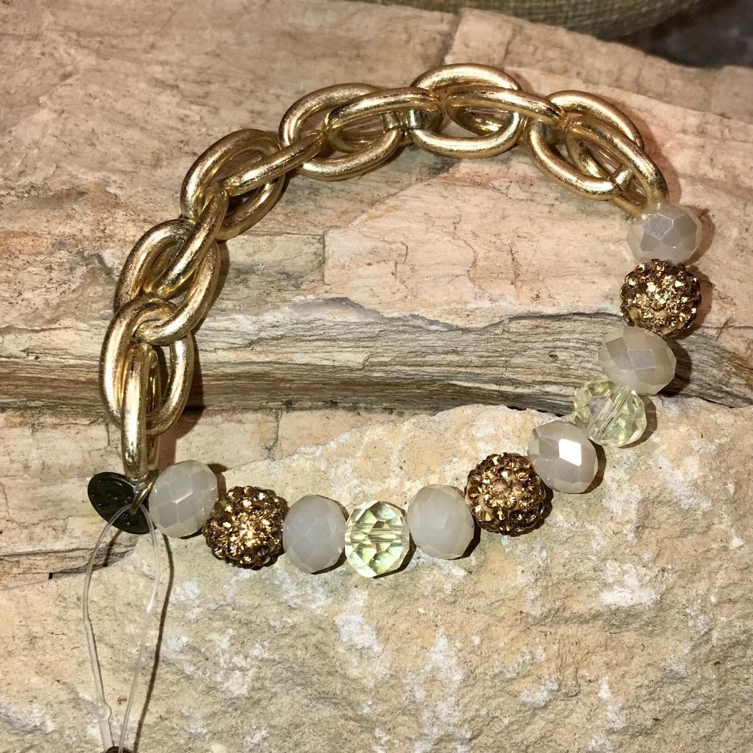 Gold, Clear & White Bead with Gold Chain Stretch Bracelet