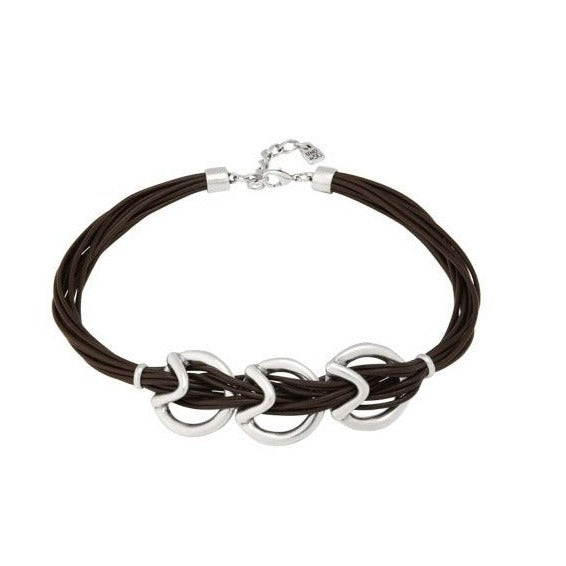 Steps with Silver and Brown Leather Strips Choker
