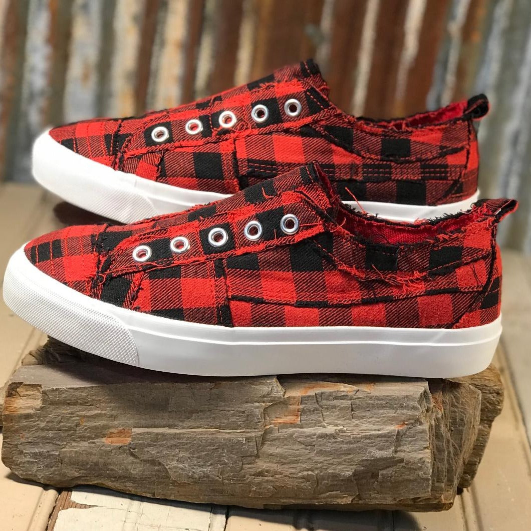 Babalu Casual Slip On Red and Black Buffalo Check Sneakers