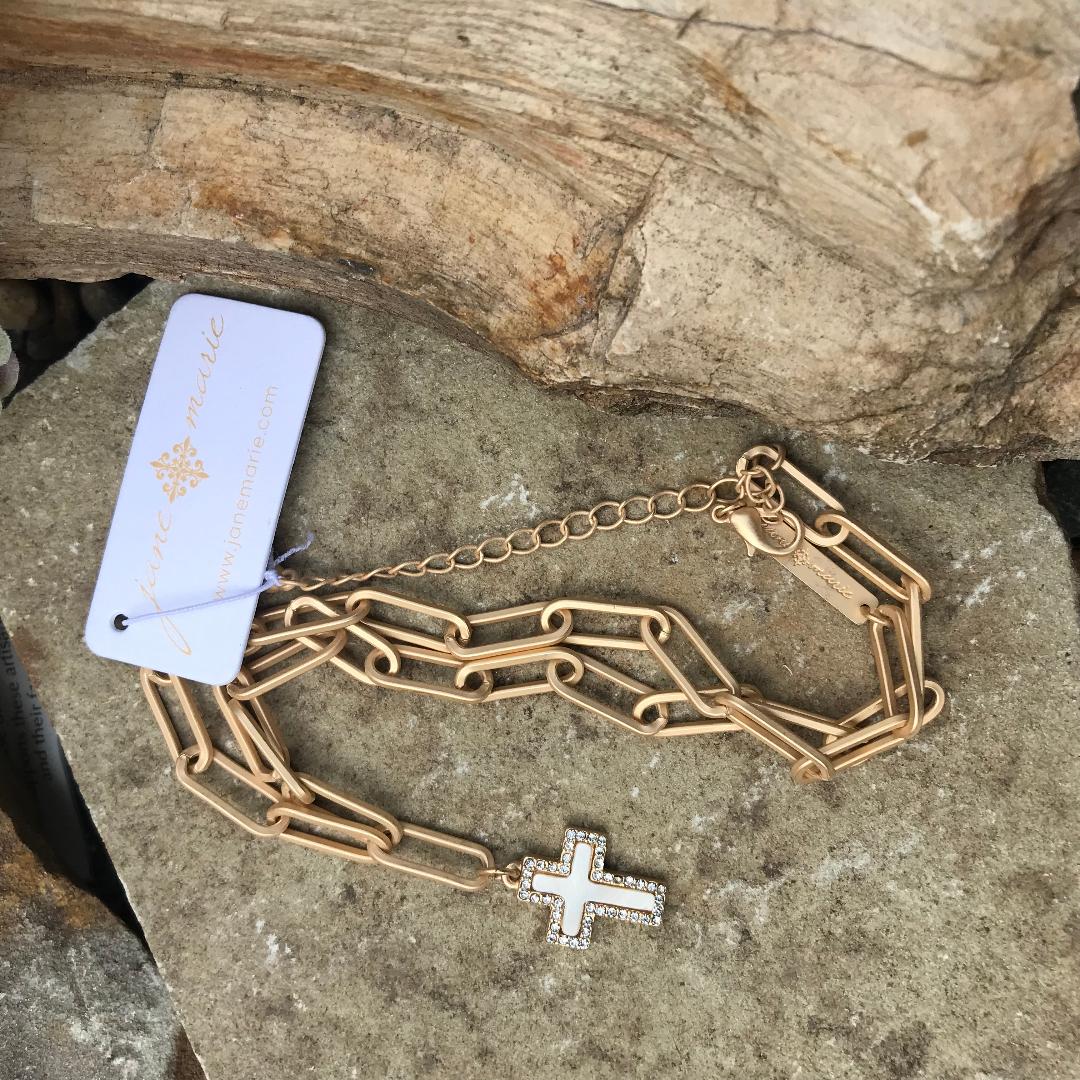 Gold Chain Link White Shell Cross Surrounded by Clear Crystals Necklace