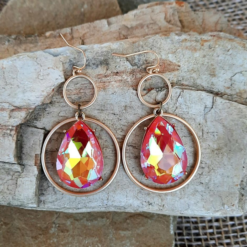 Peachy Pink Sparkle Teardrop Earrings with Gold Double Hoops