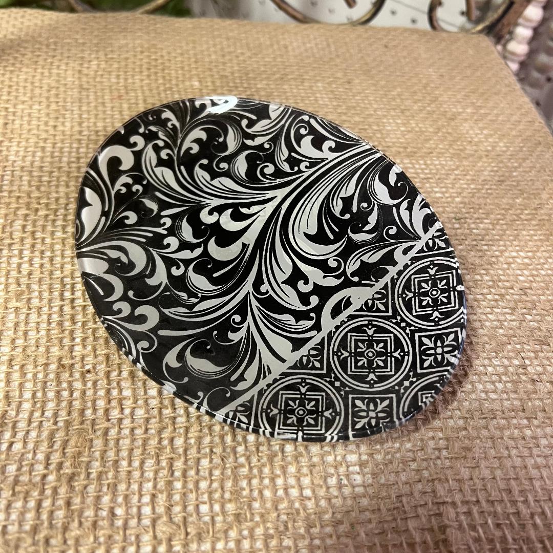 Black Florentine Glass Soap or Trinket Dish Oval