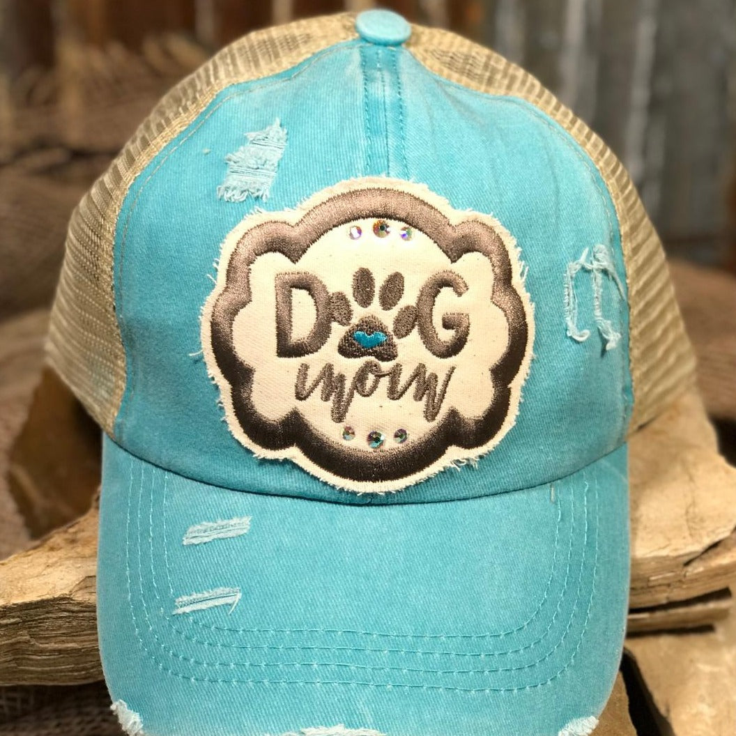 Rhinestone Sparkle Embroidered Turquoise Dog Mom Cap