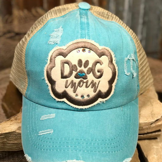 Rhinestone Sparkle Embroidered Turquoise Dog Mom Cap
