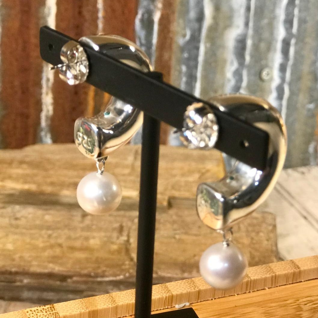 Silver Open Bold Pearl Hoops