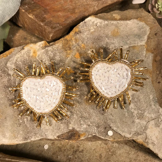 White and Gold Beaded Heart Earrings
