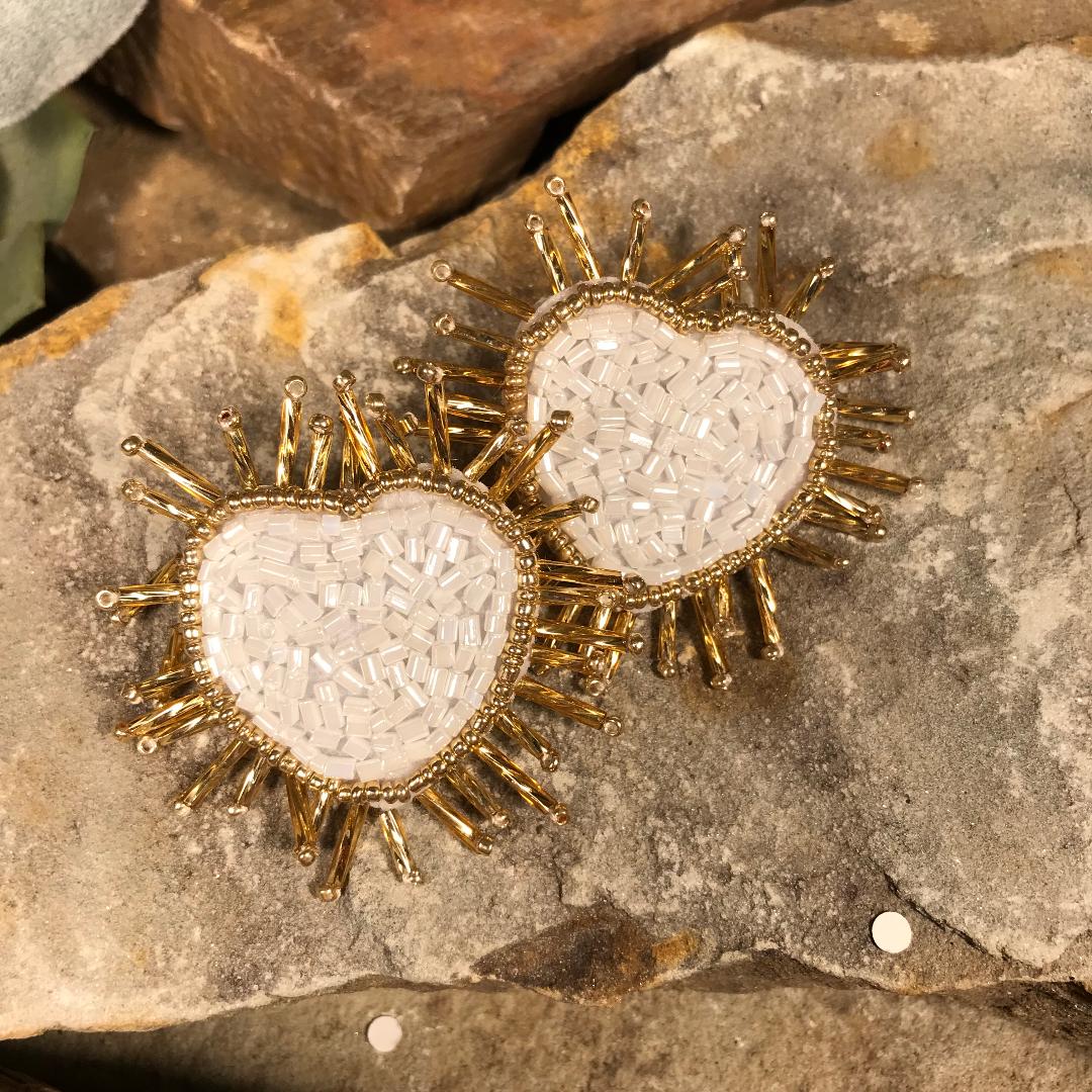 White and Gold Beaded Heart Earrings