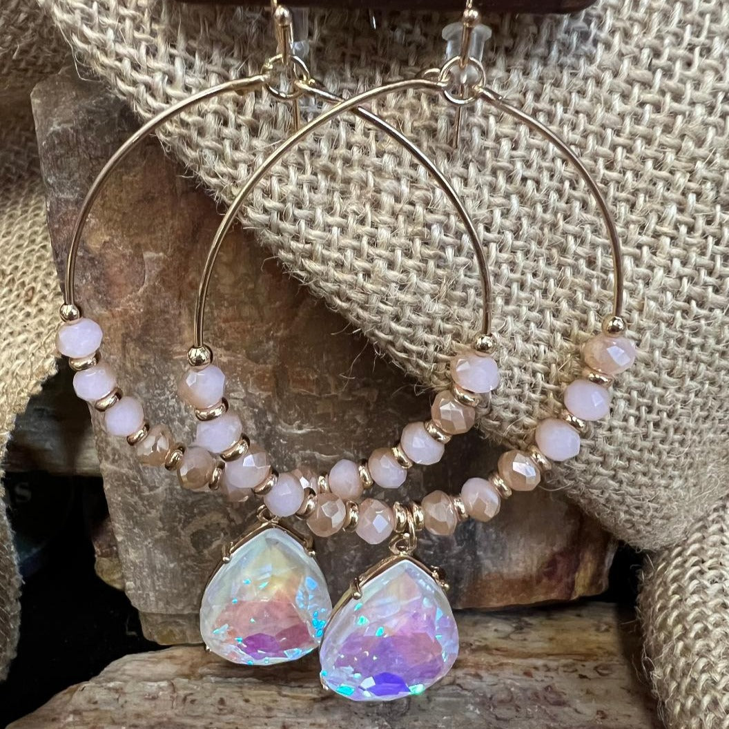 Iridescent Teardrop Gold Front Bead Hoops