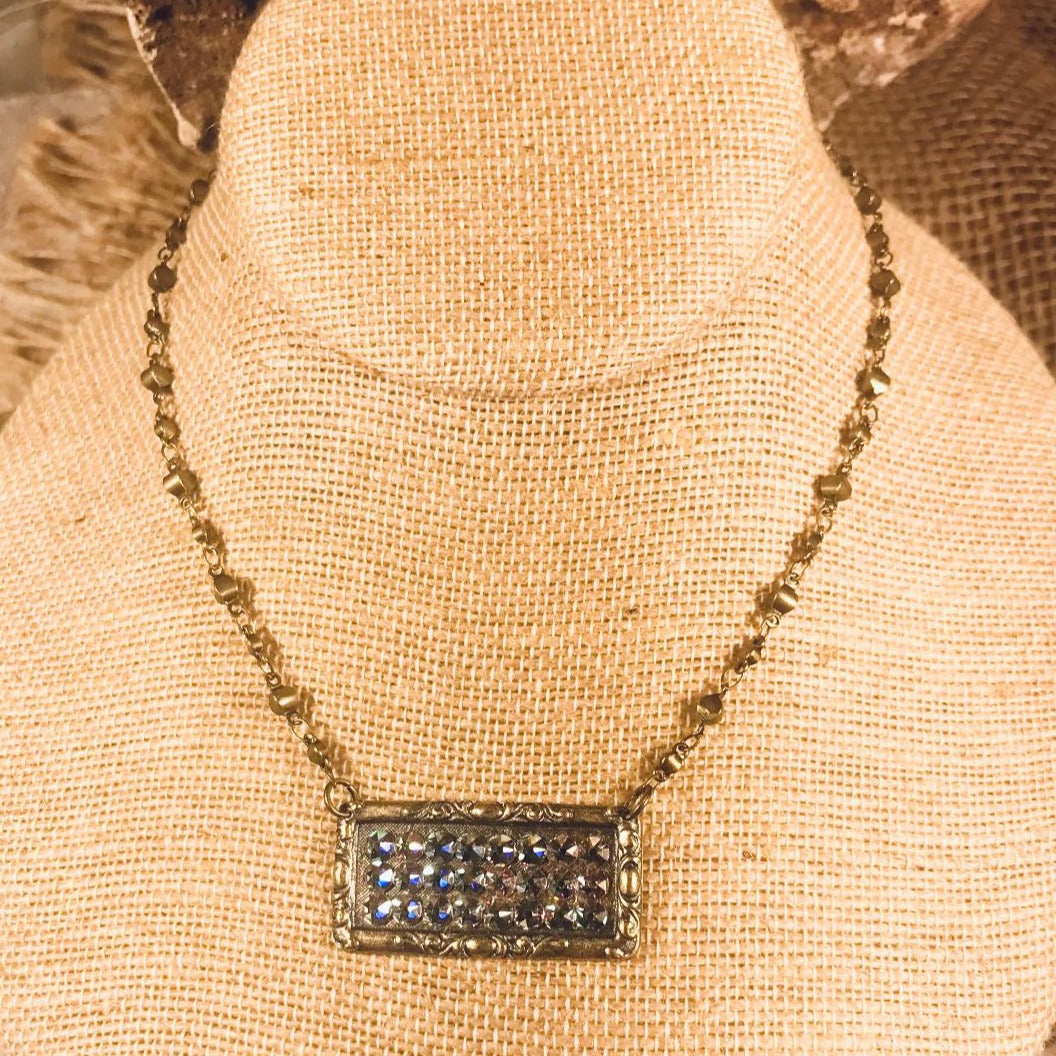 Rectangle Bronze Pendant with AB Crystals