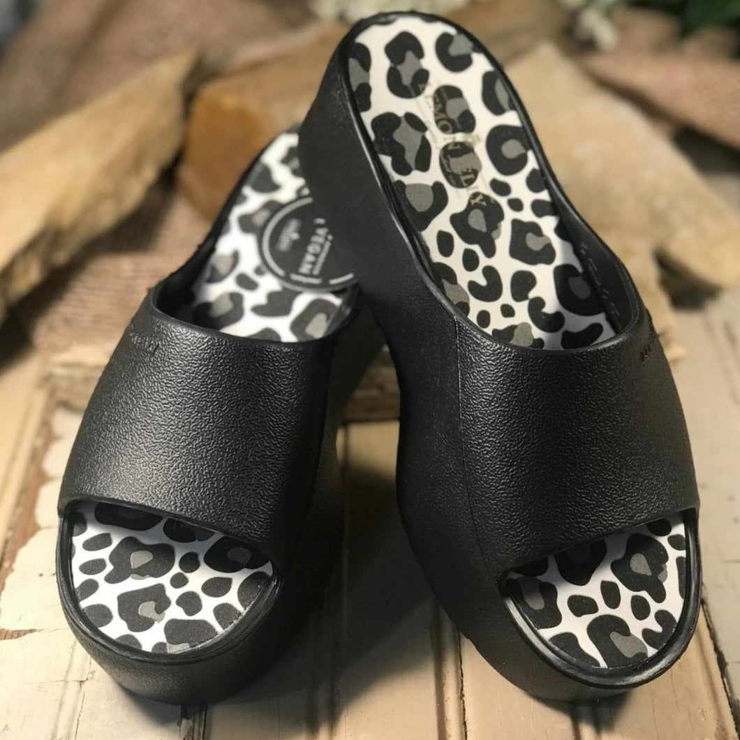 Black and Leopard Platform Slides