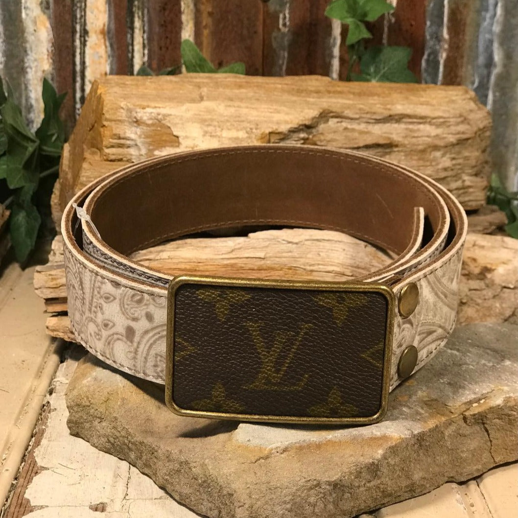 Cream Embossed Leather Up LV Belt