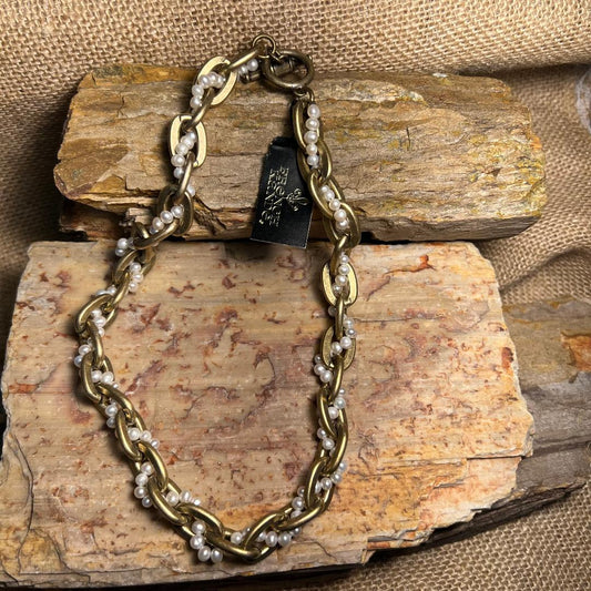 Woven Micro Pearl Brass Lourdes Chain Necklace