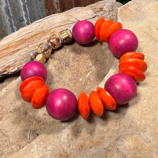 Deep Pink, Orange & Neutral Bead Stretch Bracelet