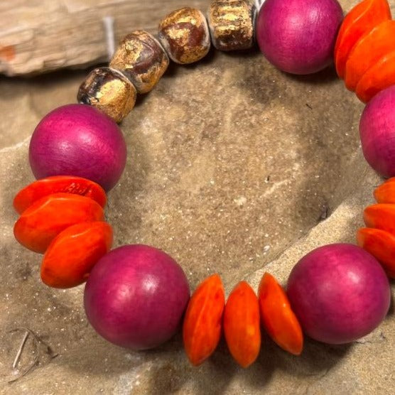 Deep Pink, Orange & Neutral Bead Stretch Bracelet
