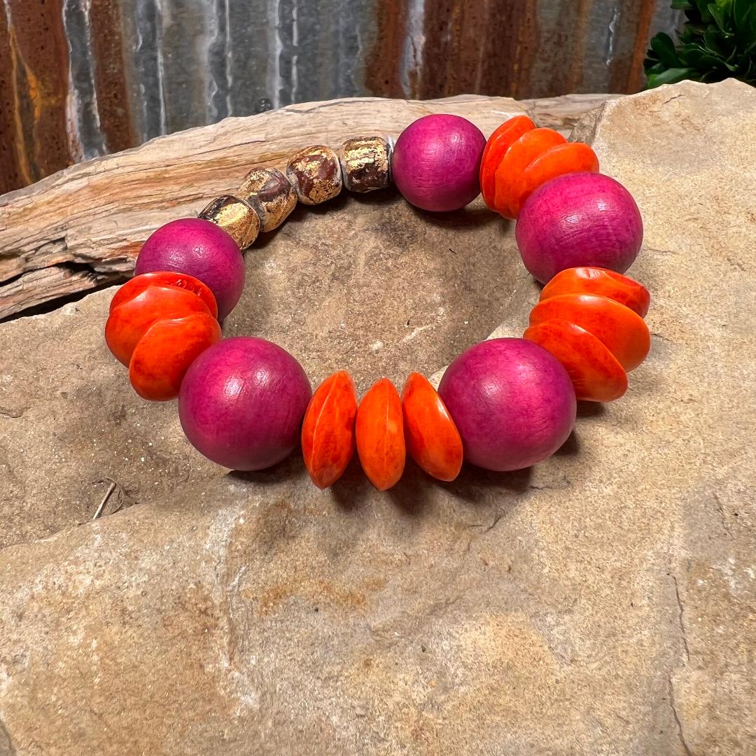 Deep Pink, Orange & Neutral Bead Stretch Bracelet