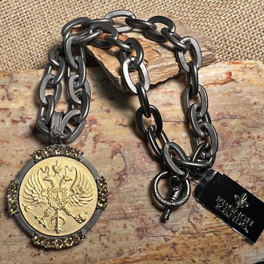 Graphite Lourdes Chain with Canard Medallion and Austrian Crystal Necklace
