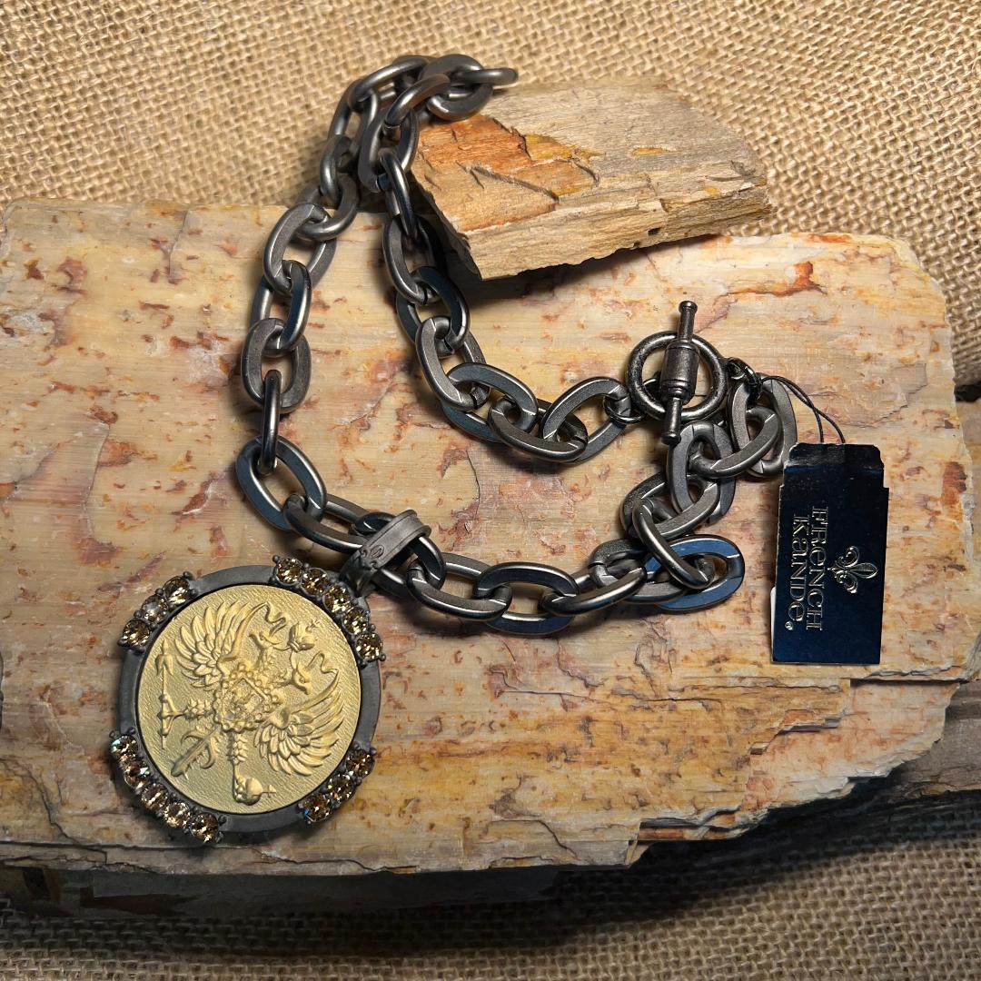 Graphite Lourdes Chain with Canard Medallion and Austrian Crystal Necklace